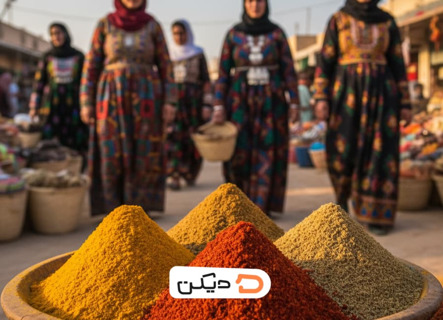 تصویر شاخص بازار بلوکان چابهار؛ نمای نزدیک از ادویه‌های رنگارنگ هندی و پاکستانی در پیش‌زمینه و زنان بلوچ با لباس محلی در بازار بلوکان چابهار در پس‌زمینه.