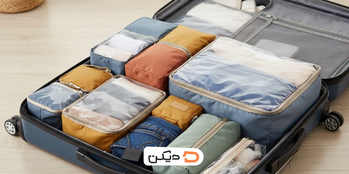 استفاده از نظم‌دهنده به عنوان یکی از کاربردی‌ترین ترفندهای بستن چمدان؛ چیدمان یک چمدان با مکعب‌های بسته‌بندی رنگارنگ.