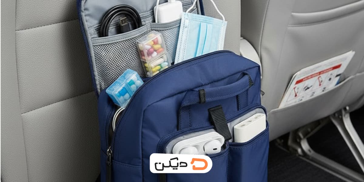بخشی از ترفندهای بستن چمدان: یک کیف مسافرتی کوچک برای نگهداری وسایل ضروری مانند شارژر و دارو جهت دسترسی آسان.