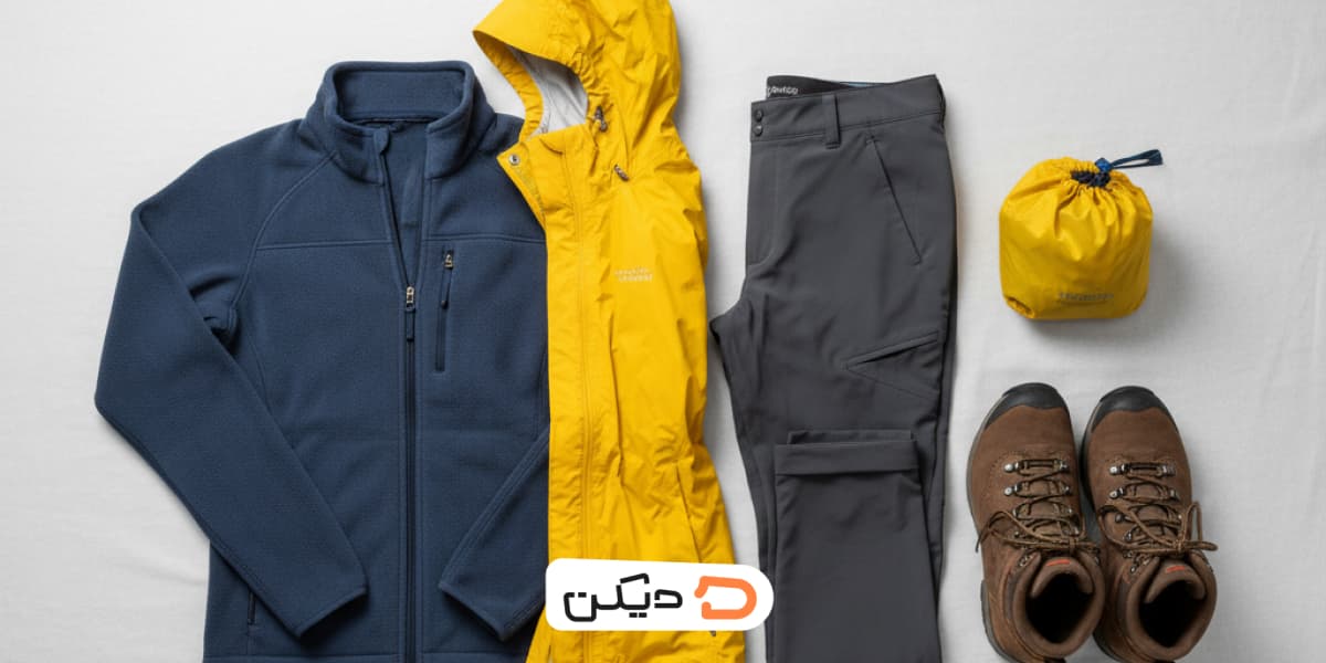 لباس‌های چندلایه ضروری (کاپشن ضدآب، پولیور، لایه پایه) برای مقابله با تغییرات آب و هوایی در لیست وسایل سفر به شمال.